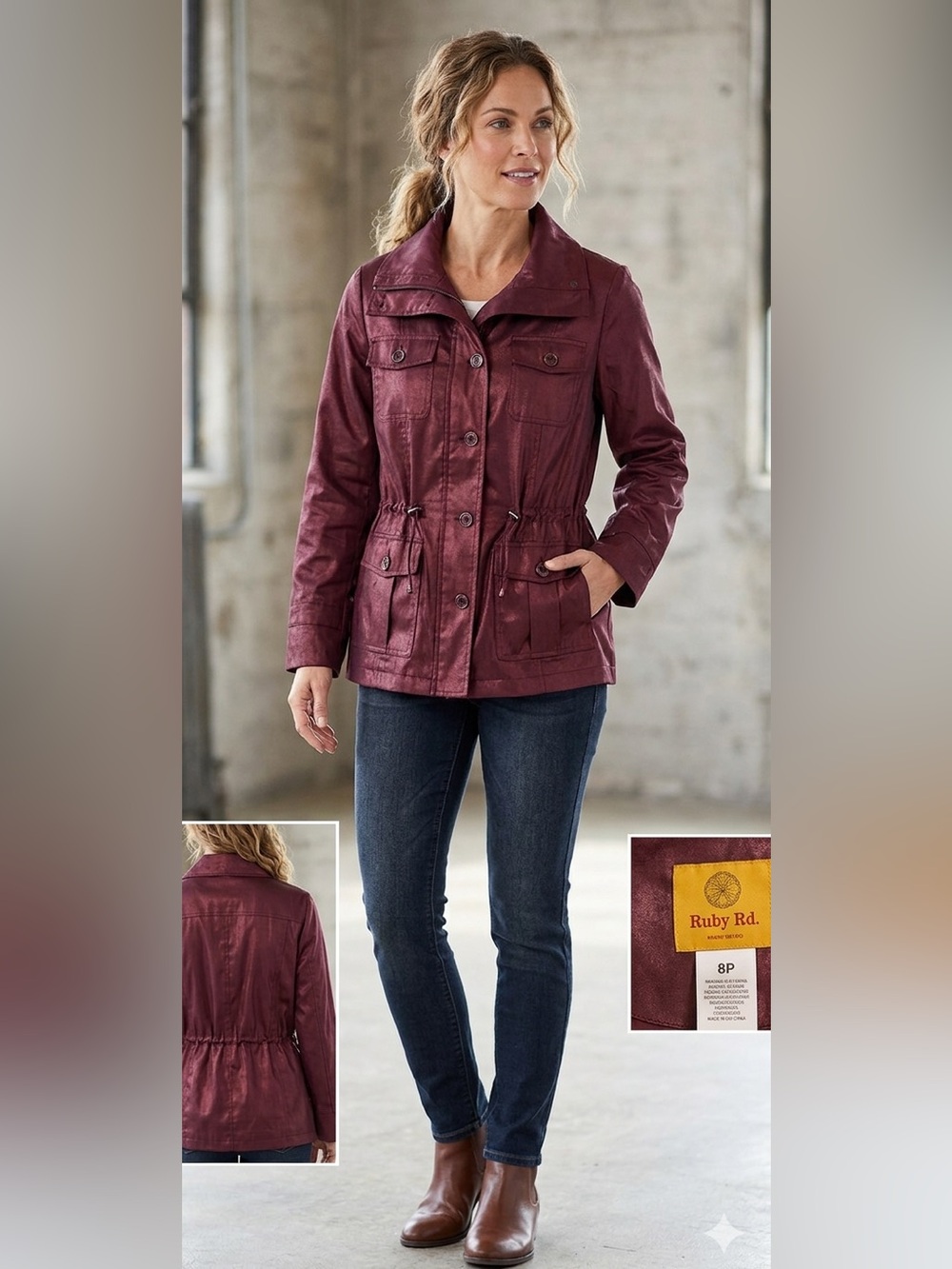 Ruby Rd. Petite Metallic Burgundy Utility Jacket Shimmer Anorak - 8P